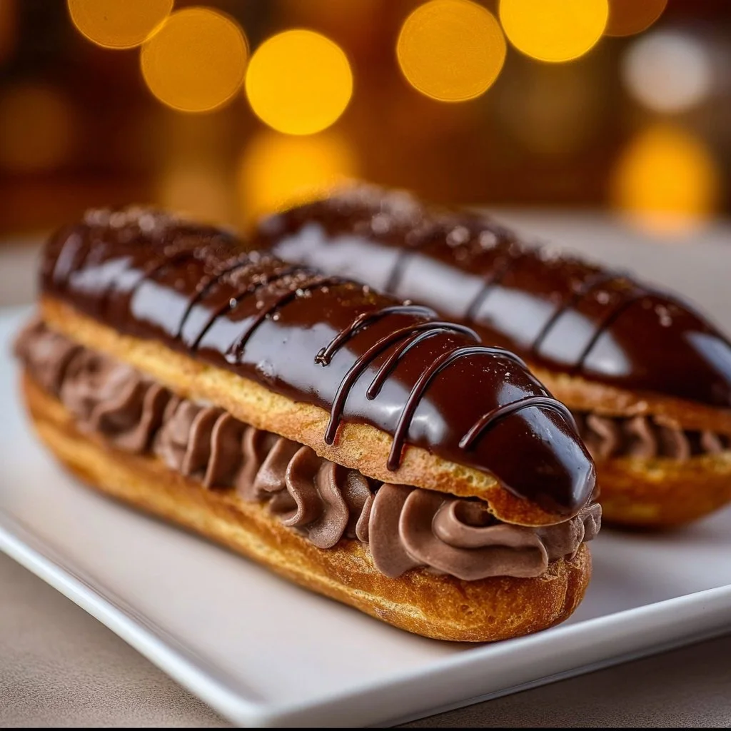 Delicious chocolate eclairs and chocolate mousse eclairs beautifully arranged.