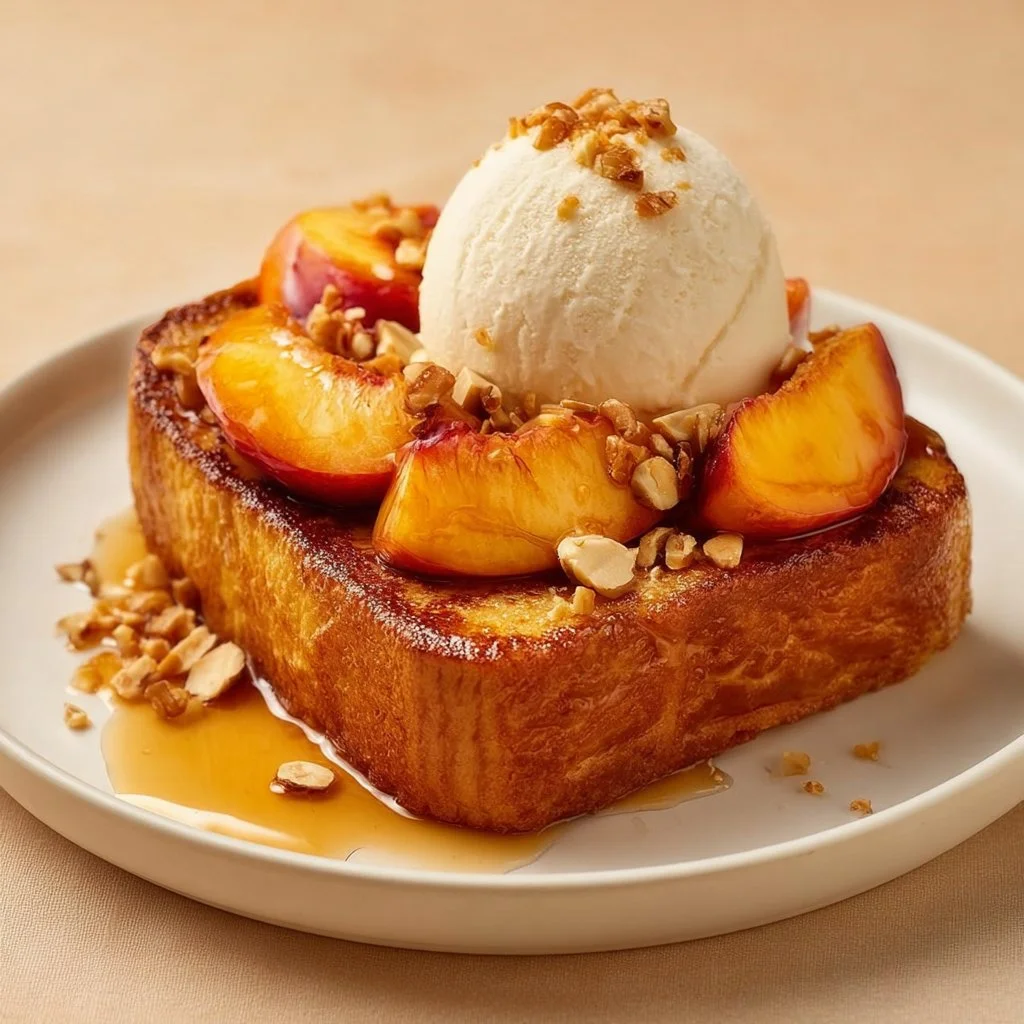 French Toast topped with caramelized peaches on brioche bread