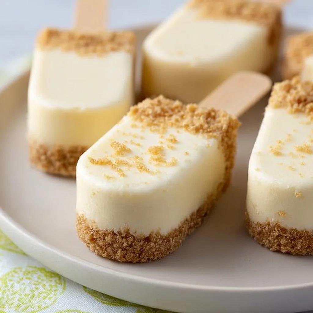 Frozen cheesecake pops with various toppings on a wooden stick