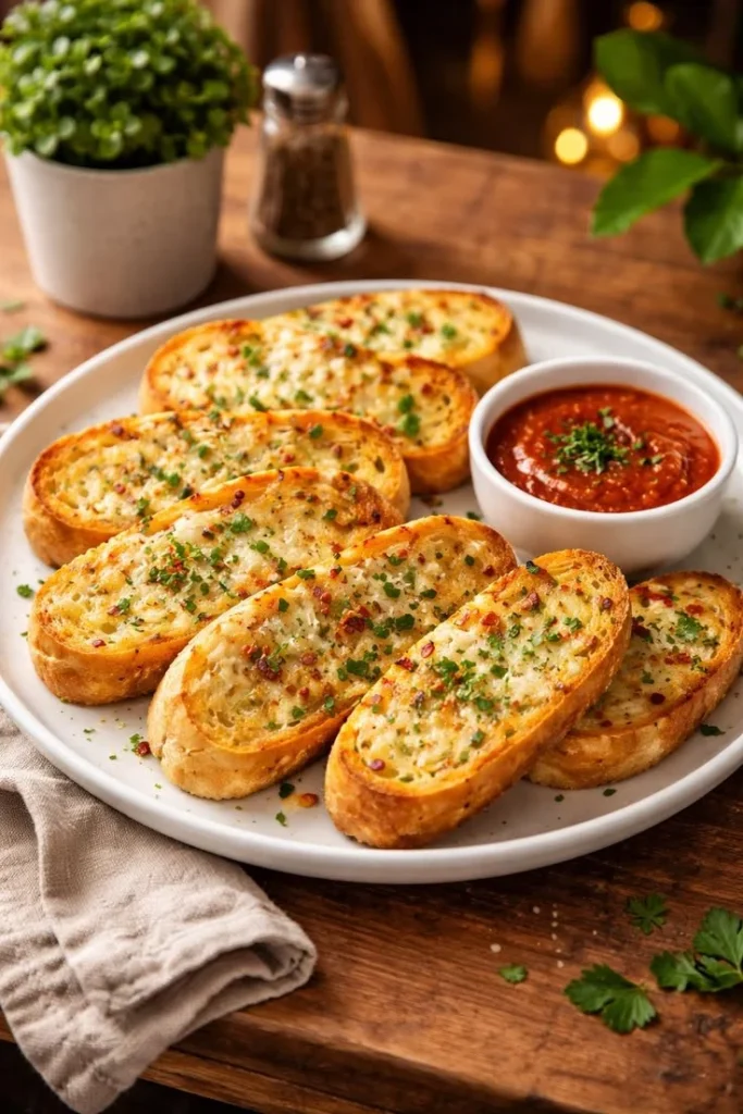 Freshly baked garlic bread served with herbs and butter