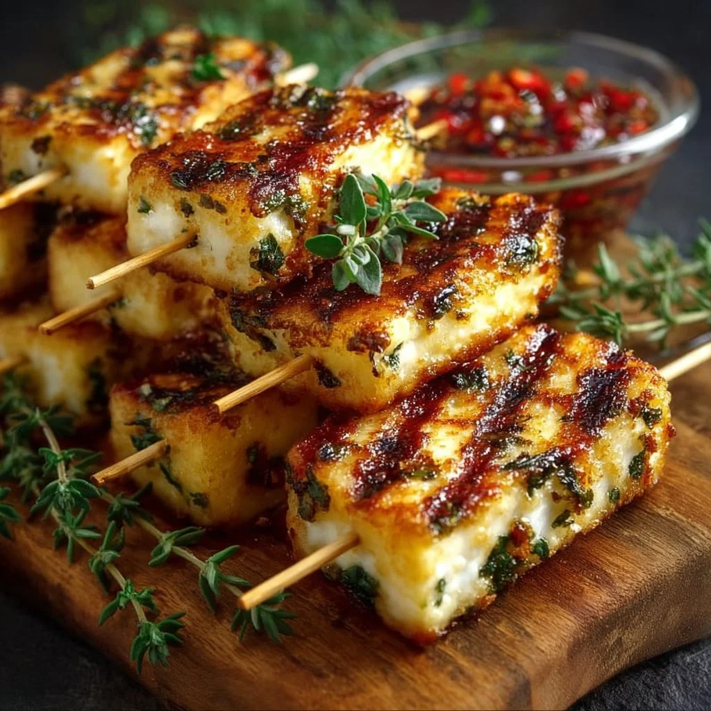Grilled halloumi skewers with lemon and thyme for a savory appetizer