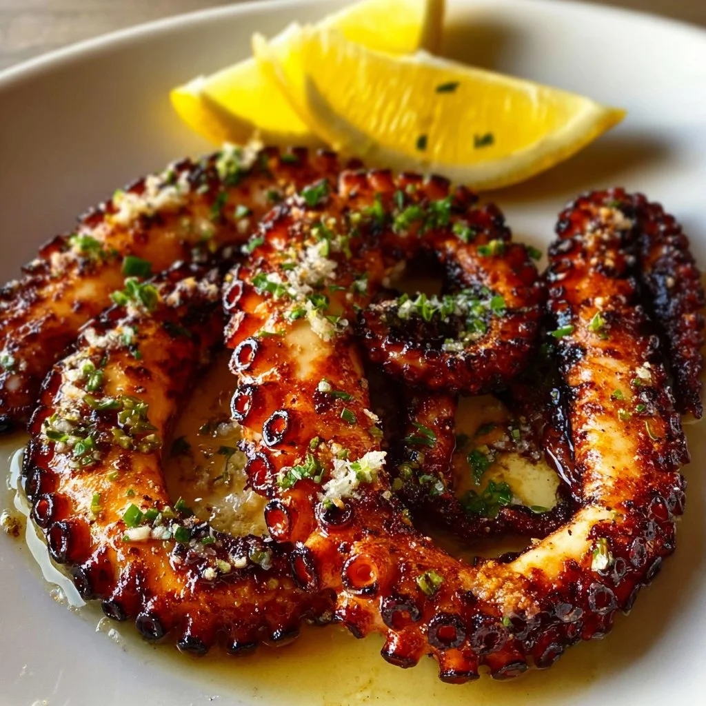 Perfectly grilled octopus served with lemon and herbs