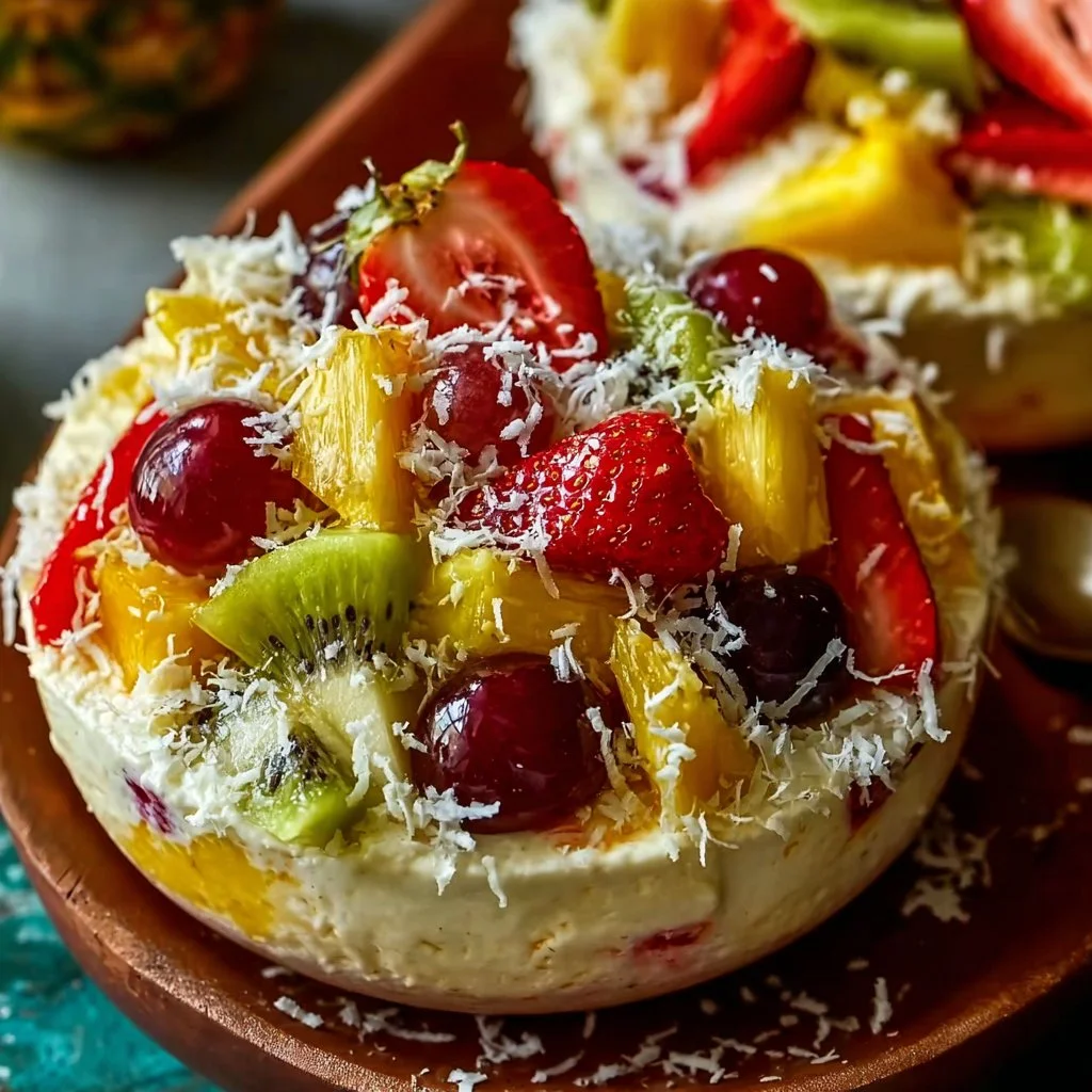 Delicious Hawaiian Cheesecake Salad with tropical fruits and creamy cheesecake.