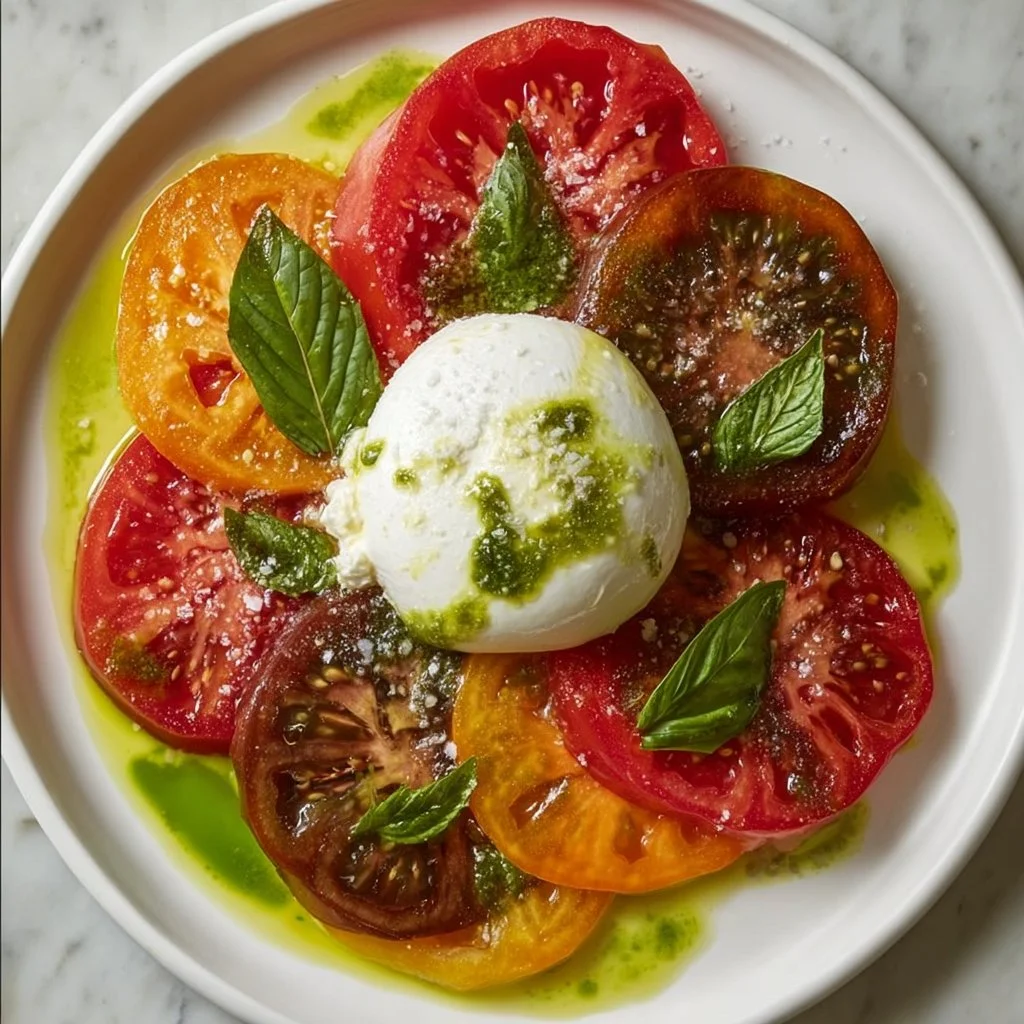 Heirloom tomato burrata salad featuring vibrant tomatoes and creamy burrata cheese.