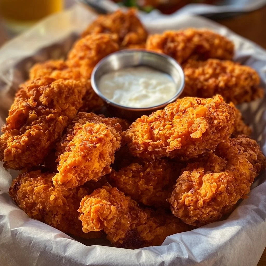 Delicious homemade chicken tenders served with dipping sauce