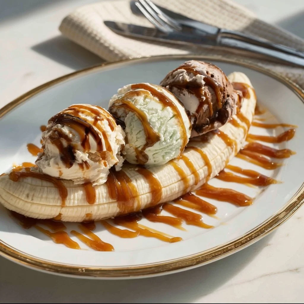 Delicious banana split dessert topped with ice cream and chocolate syrup