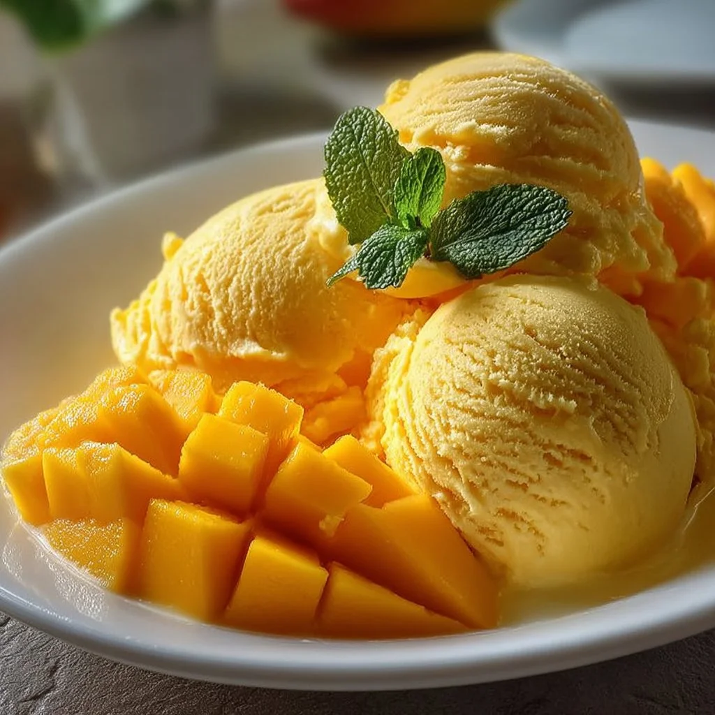 Delicious no-churn mango ice cream served in a bowl with fresh mango slices