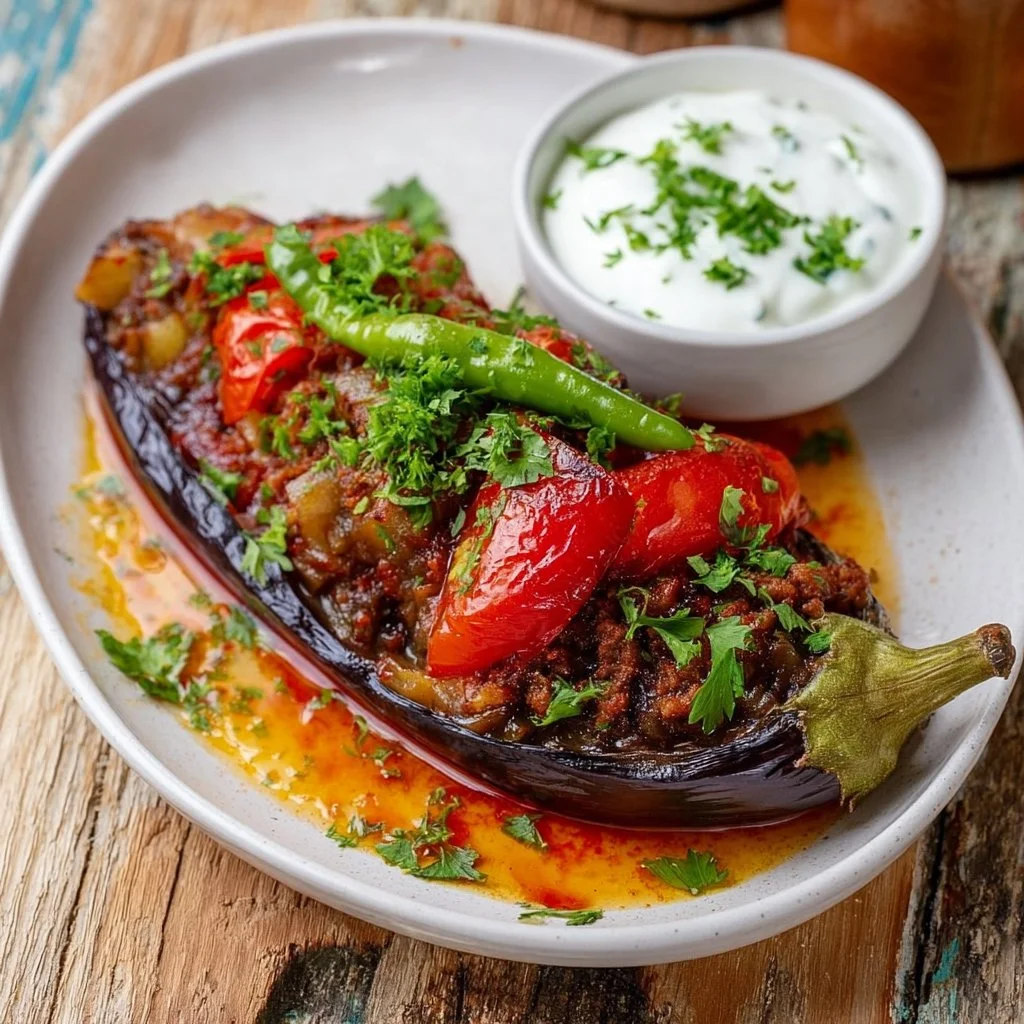 Karnıyarık - Best Turkish stuffed eggplant filled with seasoned meat and vegetables