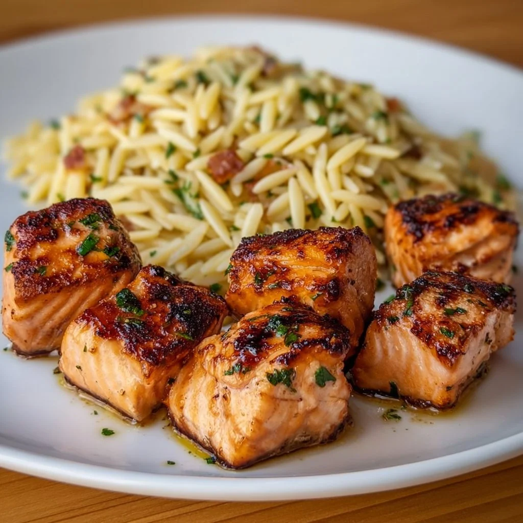 Lemon Butter Salmon Bites served with orzo pasta on a plate.