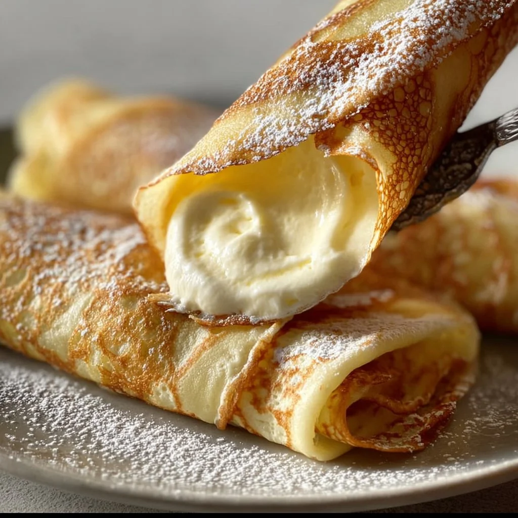 Delicious lemon crepes filled with creamy lemon filling, served on a plate.