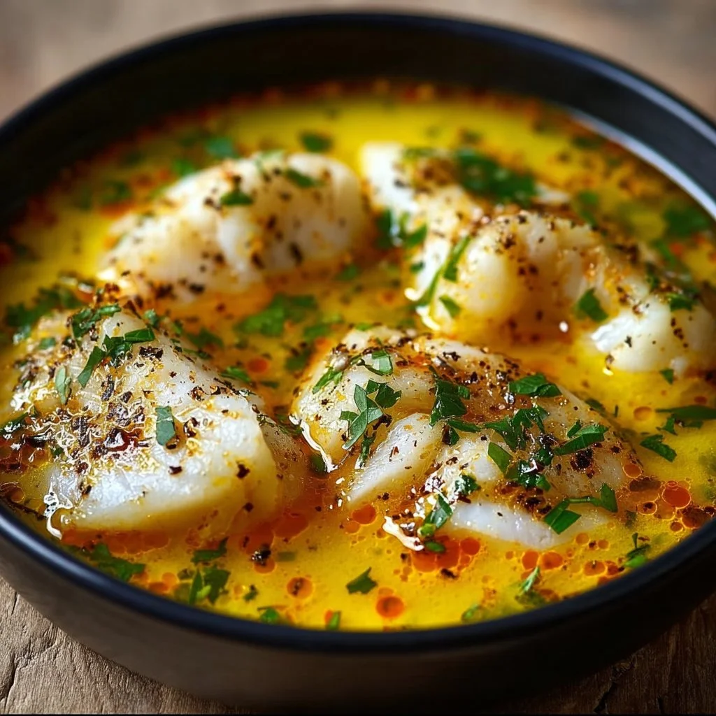 Bowl of Lemon Fish Soup garnished with fresh herbs and citrus slices.