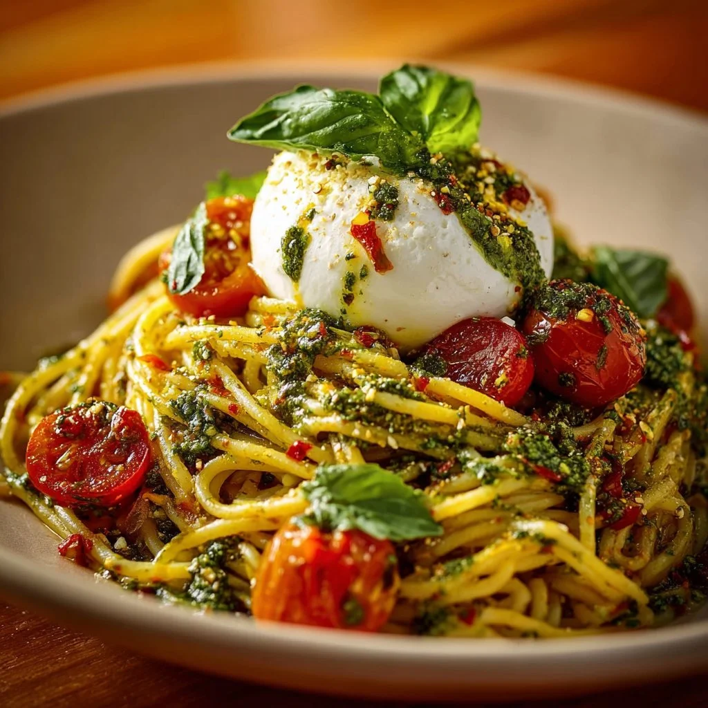 Bowl of Lemon Pesto Pasta topped with creamy Burrata cheese and fresh herbs