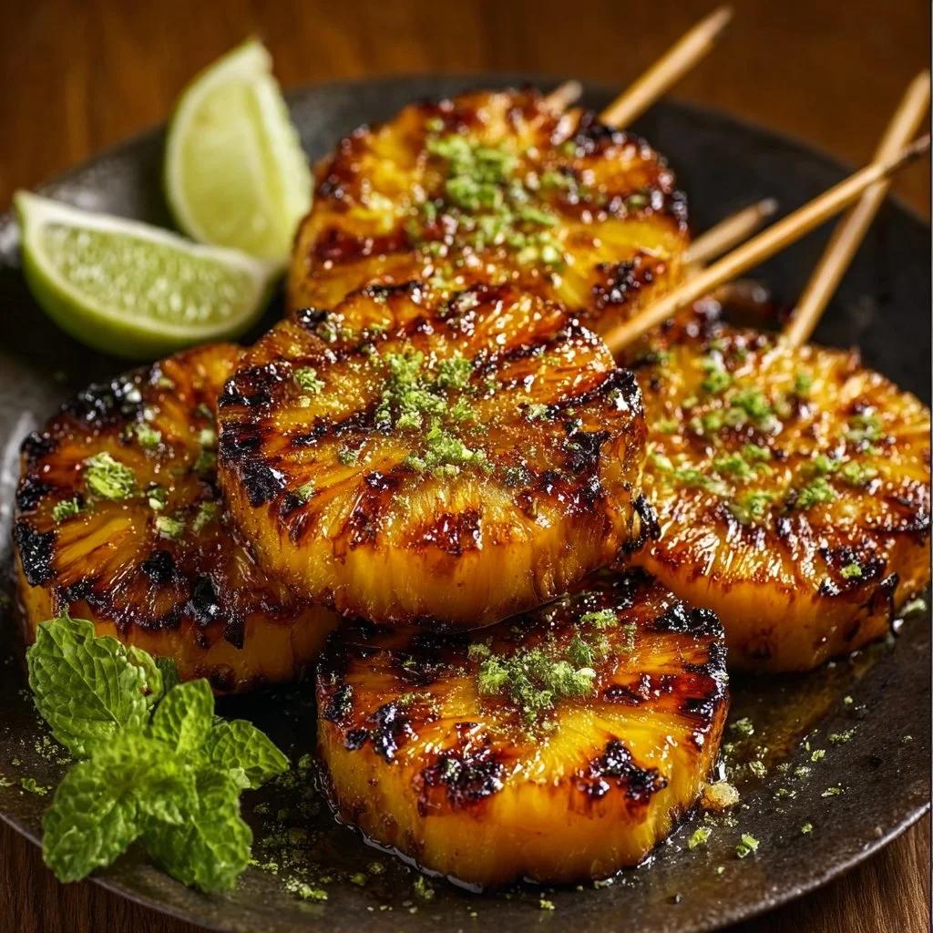 Lemon-zested grilled pineapple slices on a grill