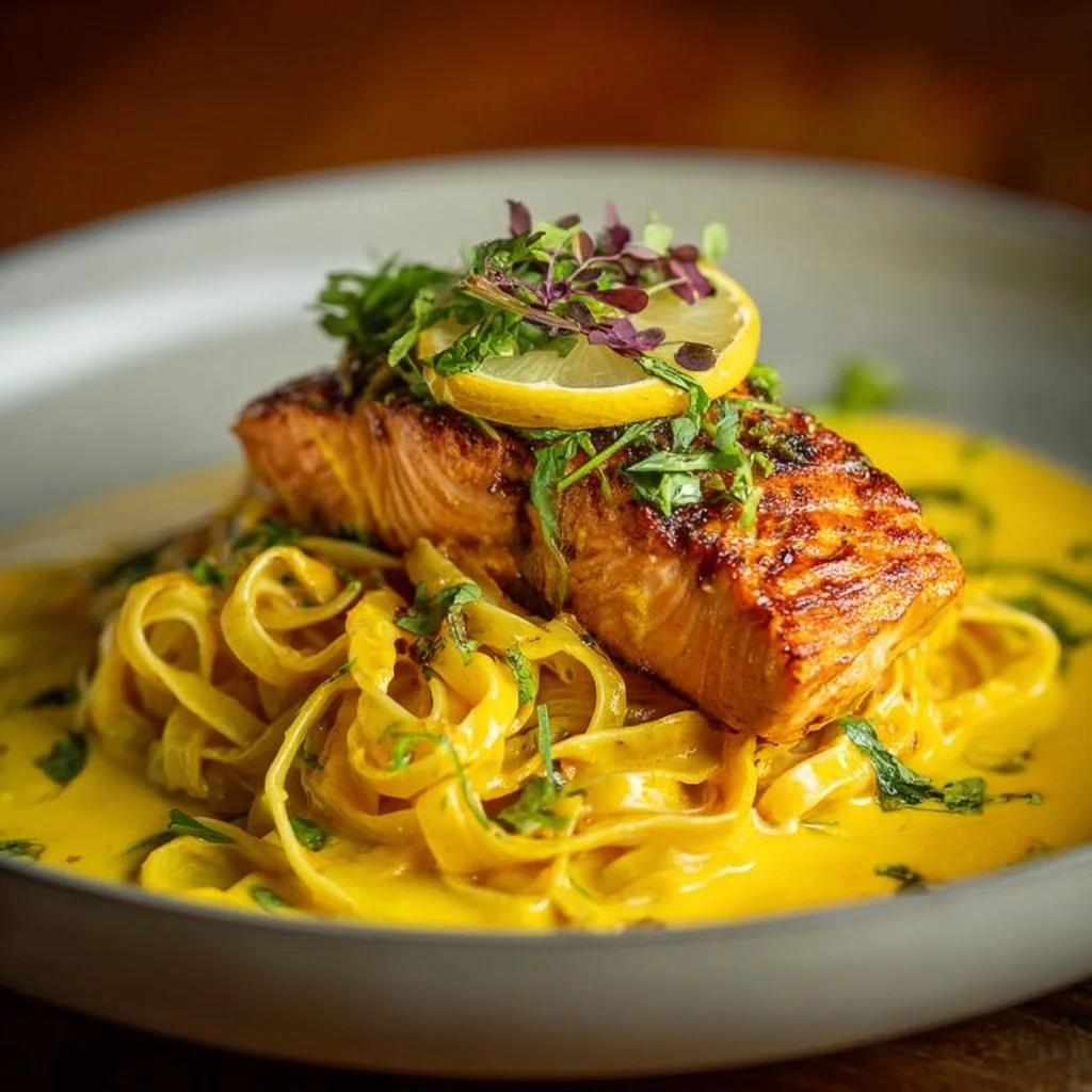 Plate of linguine with salmon fillet, lemon, and pepper garnished with herbs