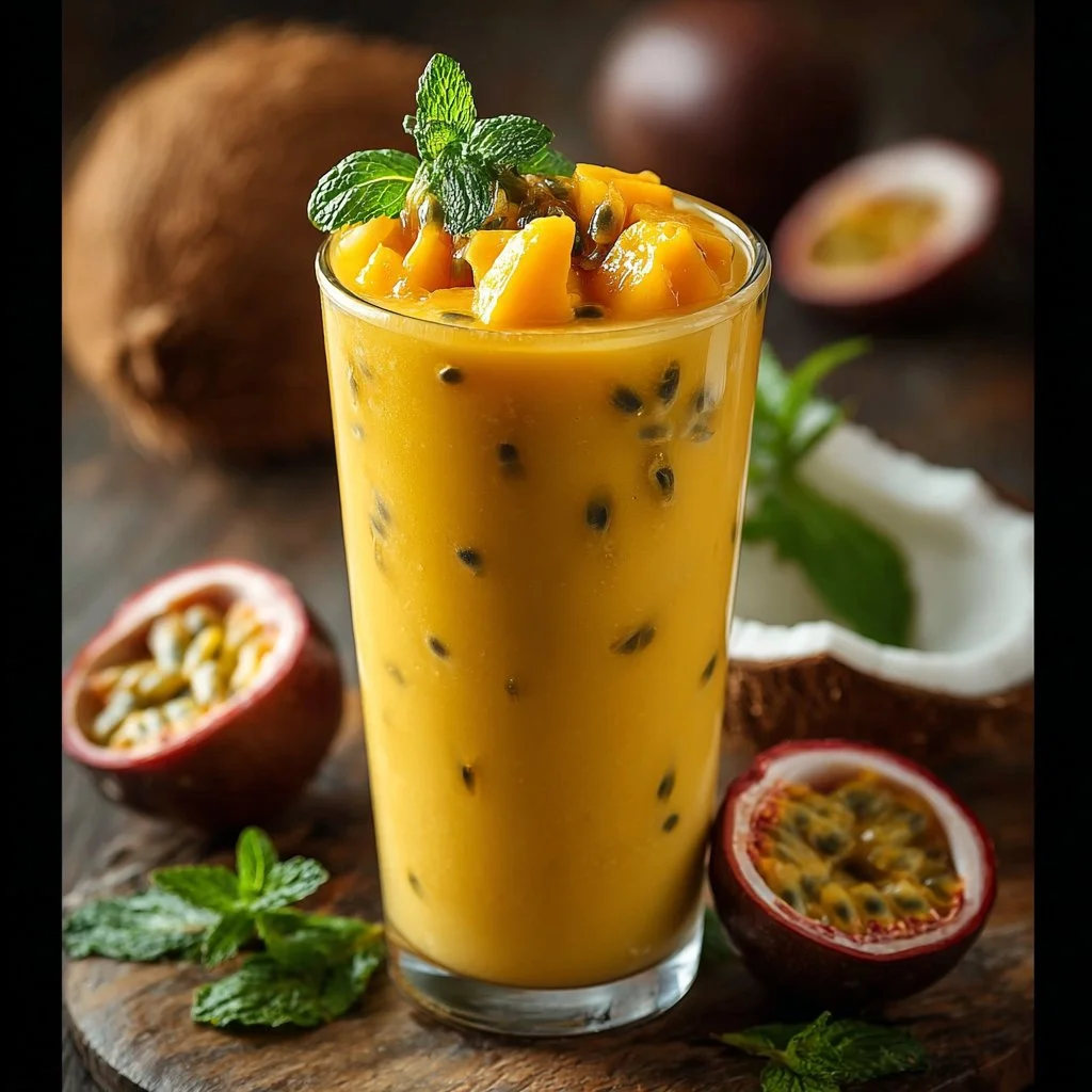Tropical mango smoothie with passionfruit and coconut in a glass
