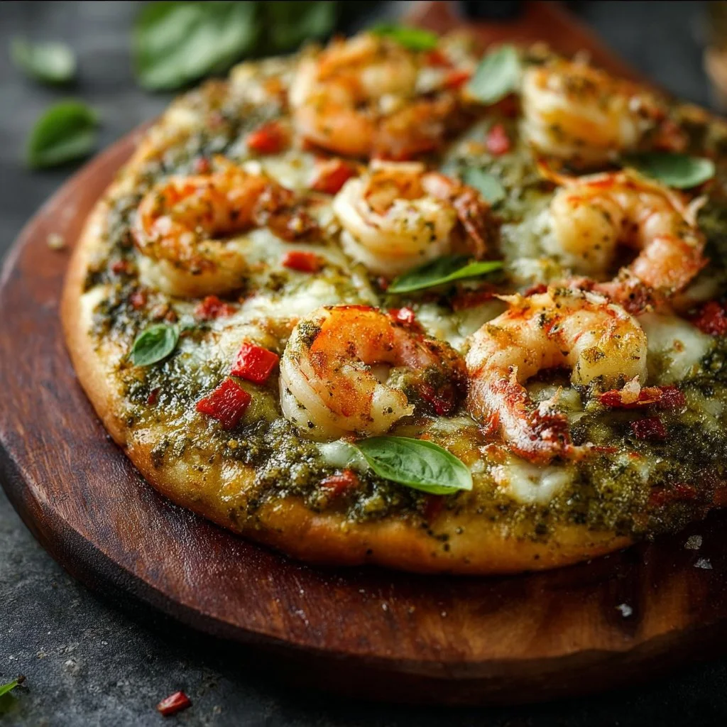 Mediterranean Prawn Pizza topped with fresh prawns and vegetables