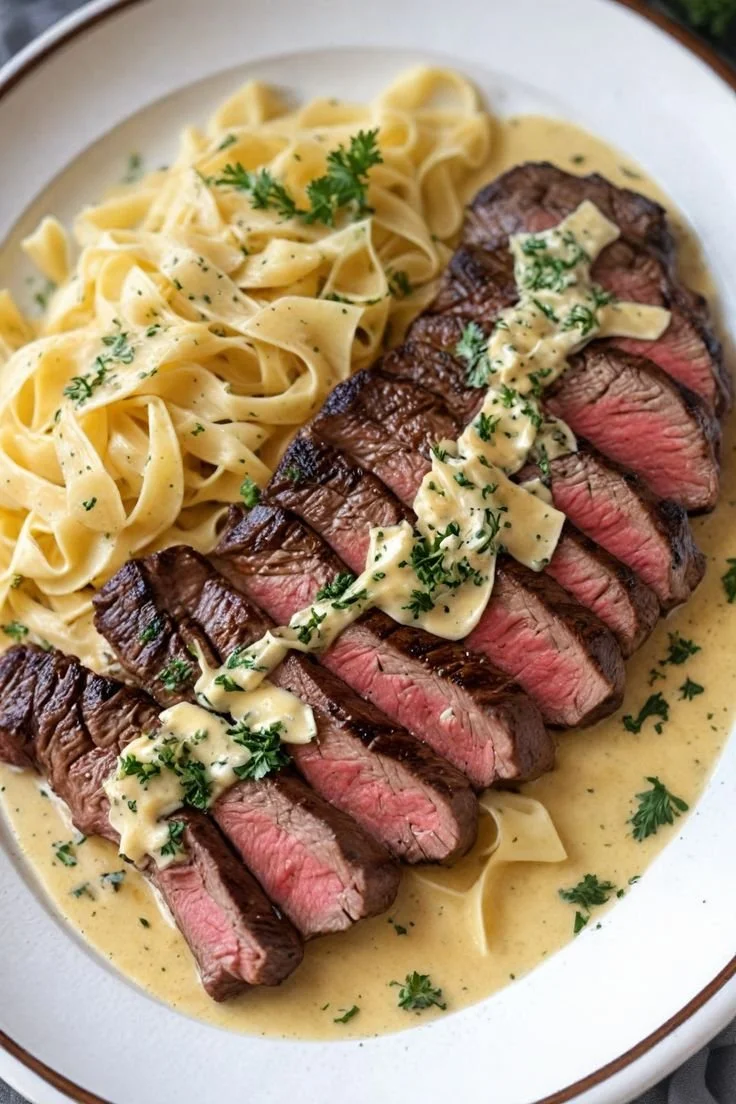 Plated medium-rare steak with creamy fettuccine drizzled with sauce