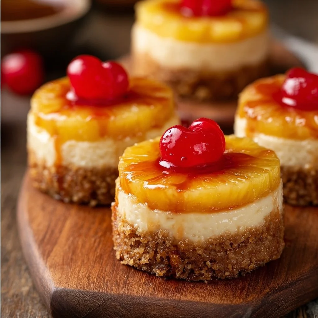 Delicious mini pineapple upside-down cheesecakes on a plate