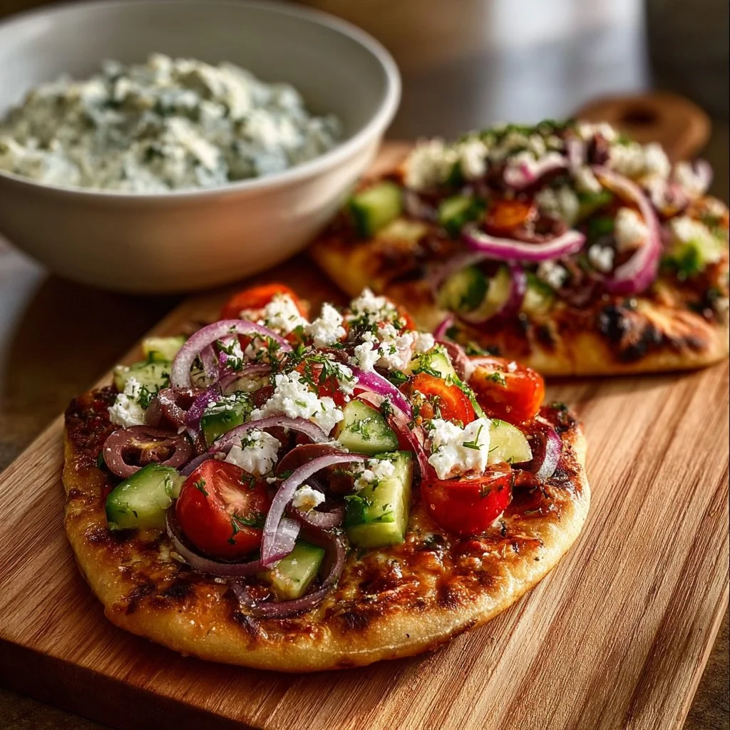 Naan pizza topped with Greek salad, a healthy and delicious recipe