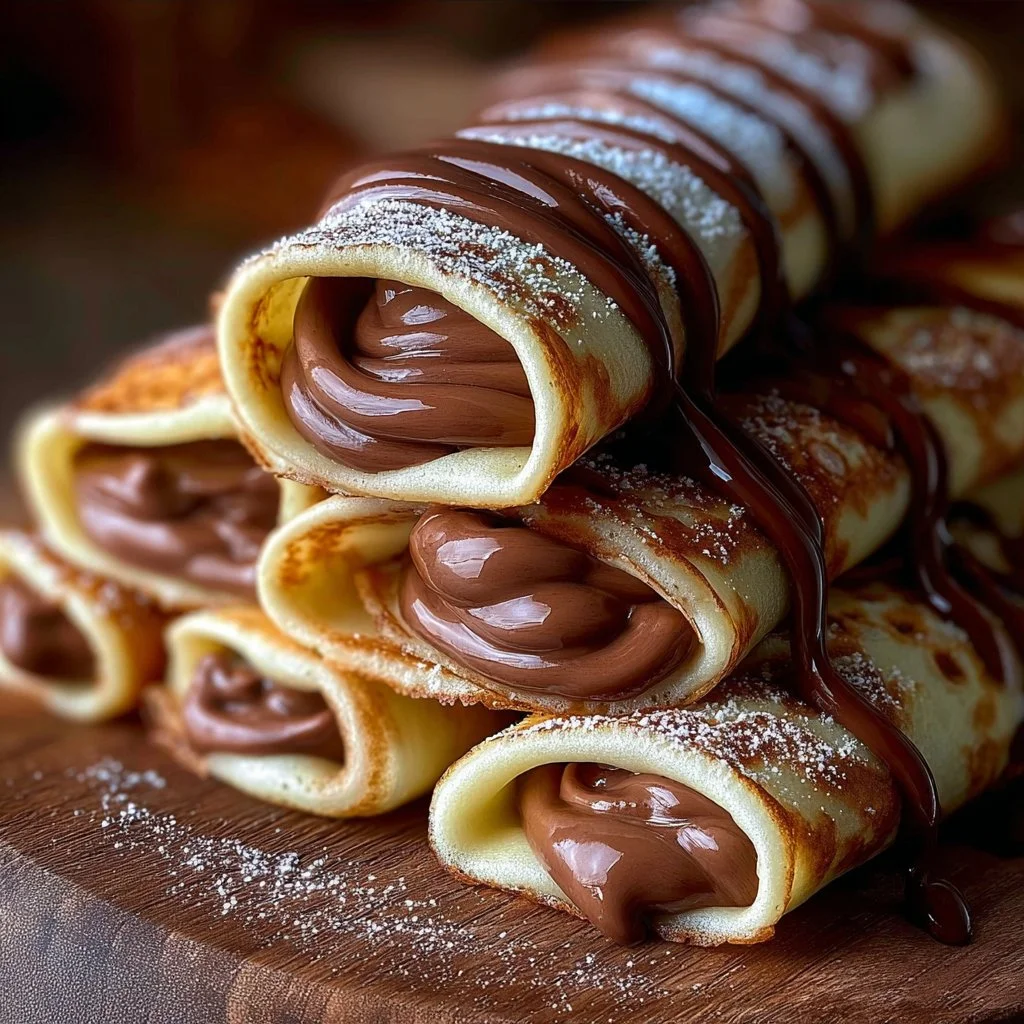 Delicious Nutella-filled pancakes stacked on a plate with syrup.
