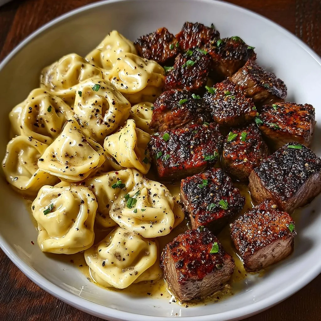 One-pan garlic butter steak bites with creamy alfredo tortellini dish