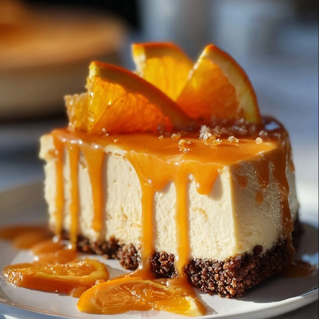 Delicious Orange Jello Cheesecake topped with orange slices.