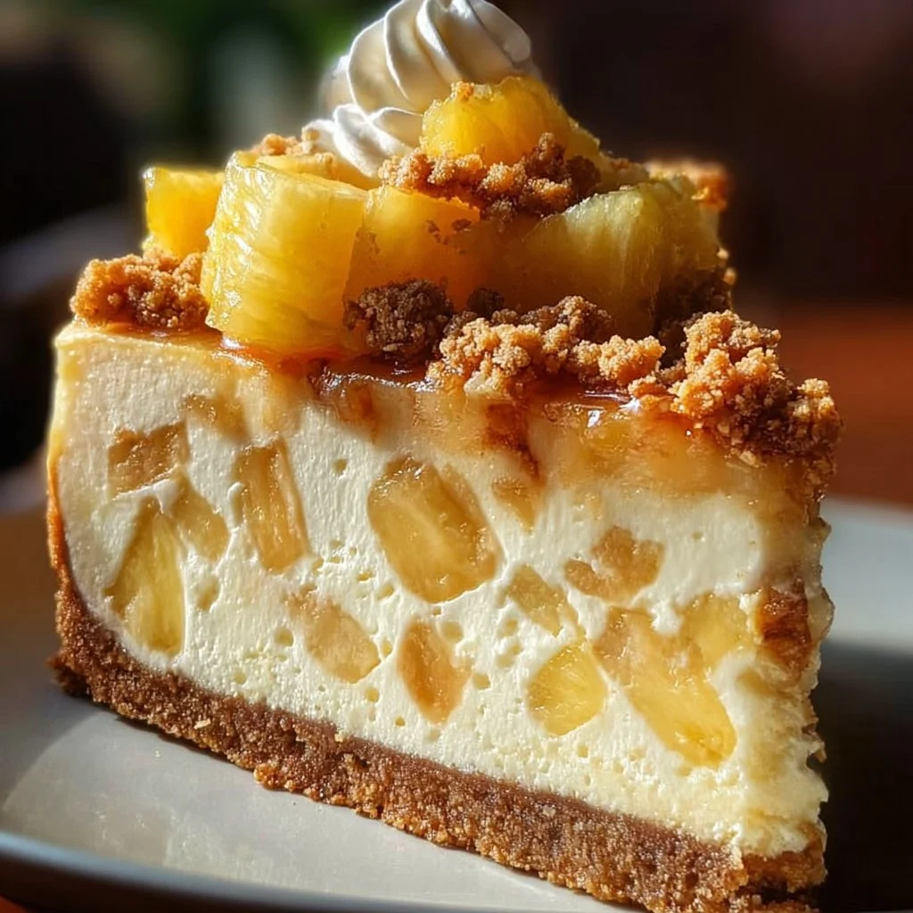 Delicious Pineapple Right Side Up Cheesecake topped with fresh pineapple slices