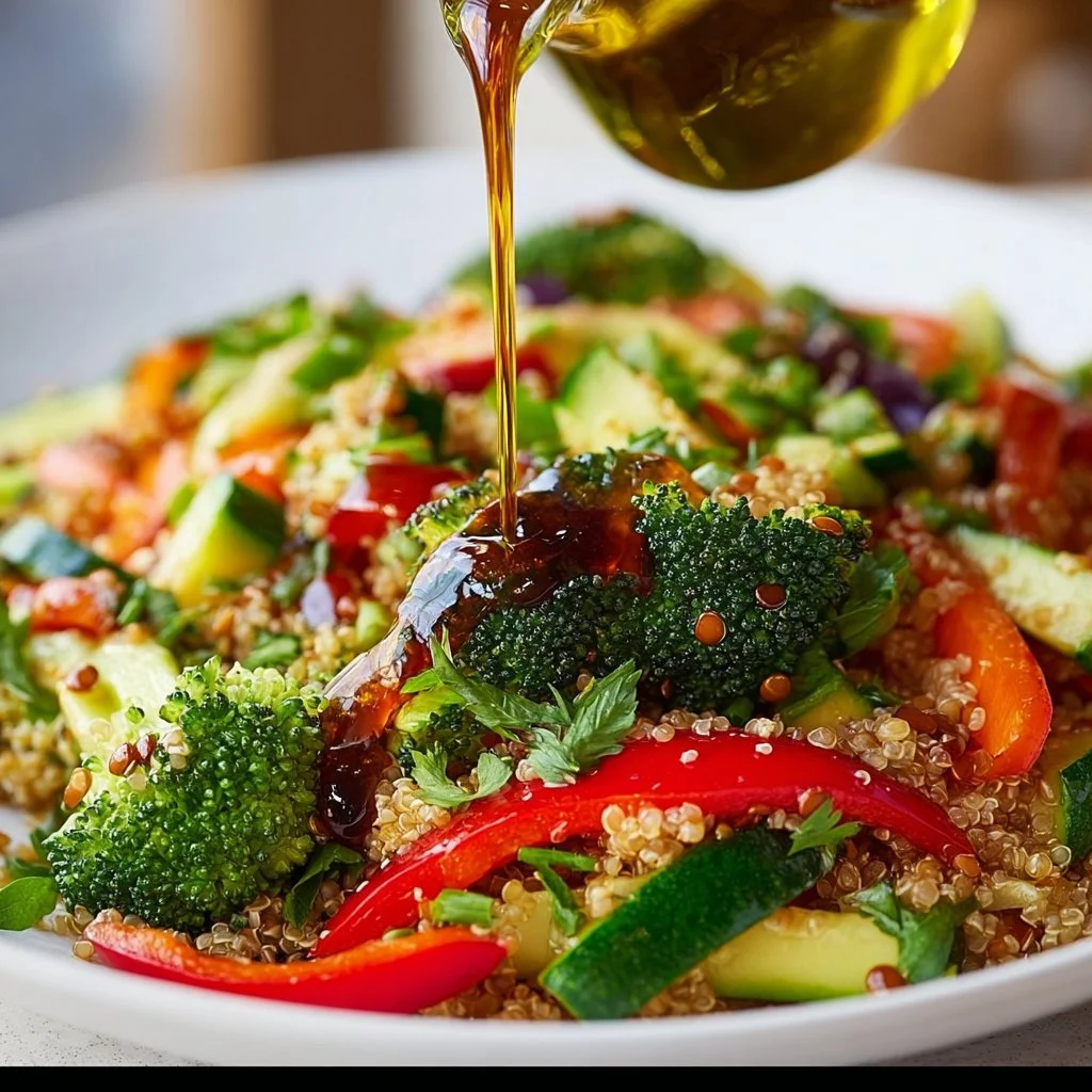 Quinoa and vegetable skillet dish served in a pan with colorful veggies.