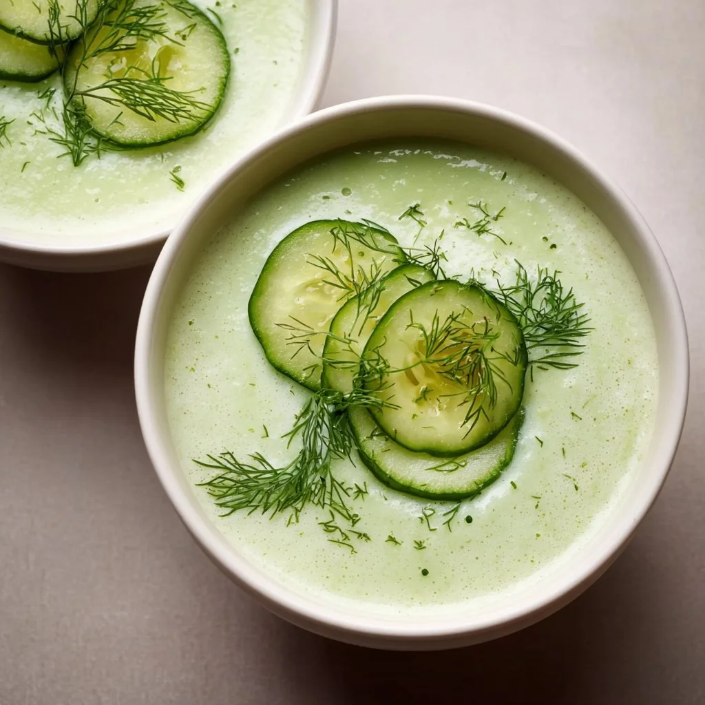 A bowl of refreshing summer soup garnished with fresh herbs and vegetables.