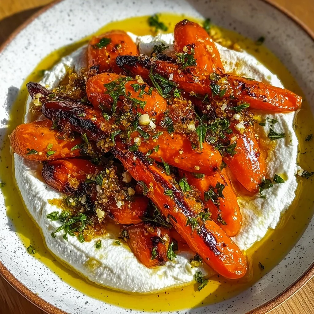 Delicious roasted carrots with whipped ricotta and hot honey drizzled on top.