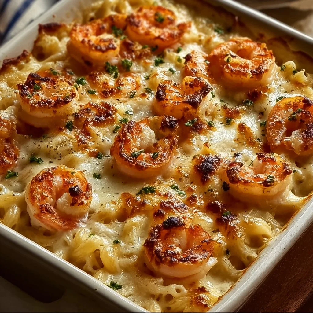 Delicious Shrimp Scampi Pasta Bake with creamy sauce and shrimp