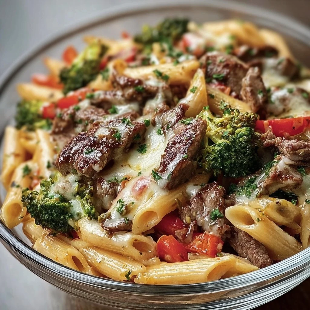Delicious plate of steak pasta with herbs and spices
