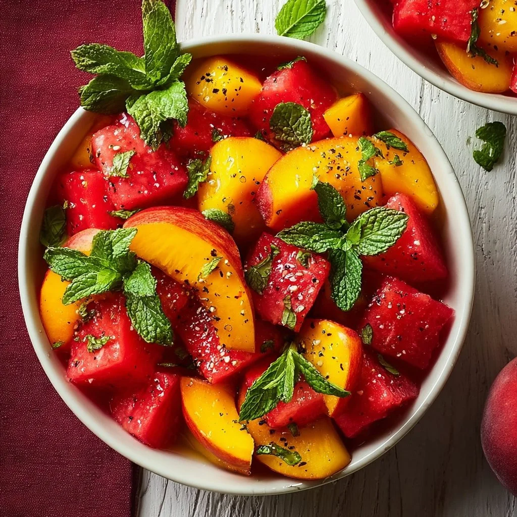 Delicious summer Peach Watermelon Salad topped with mint leaves.