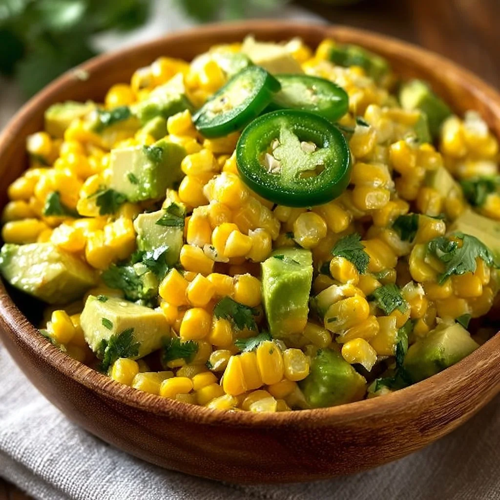 Delicious sweet corn avocado salad garnished with fresh herbs