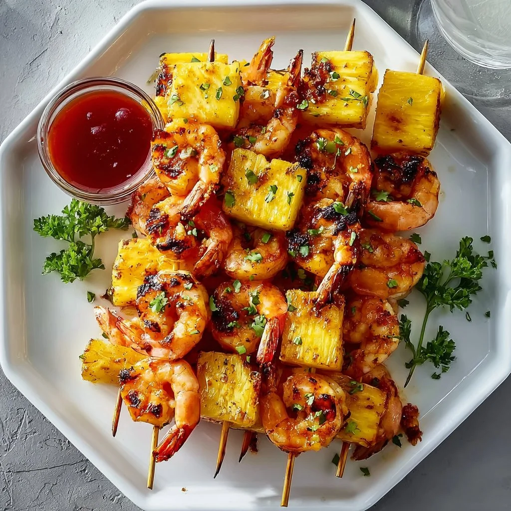 Delicious sweet pineapple shrimp skewers glazed with spicy sauce on a grill.