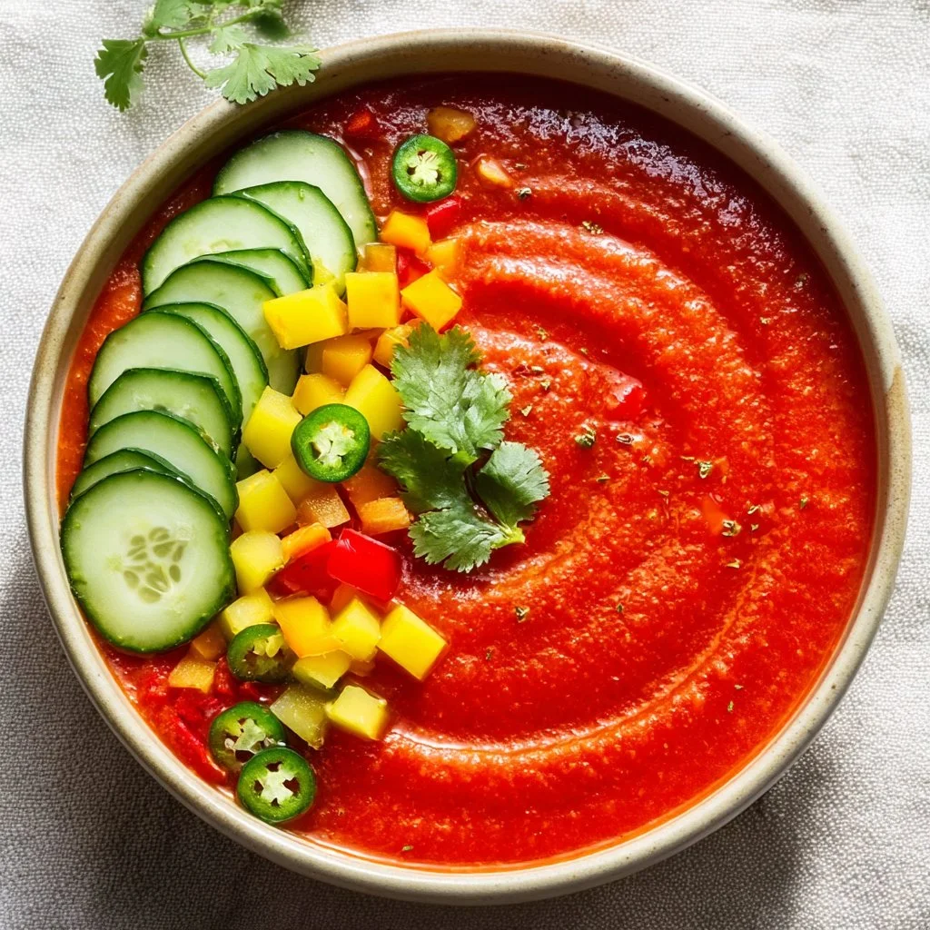 Bowl of classic gazpacho garnished with fresh herbs and vegetables.