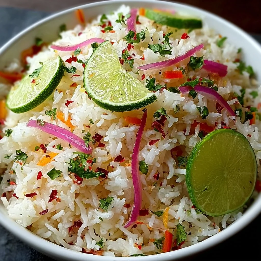 Bowl of Tropical Coconut Pepper Rice with fresh herbs and spices