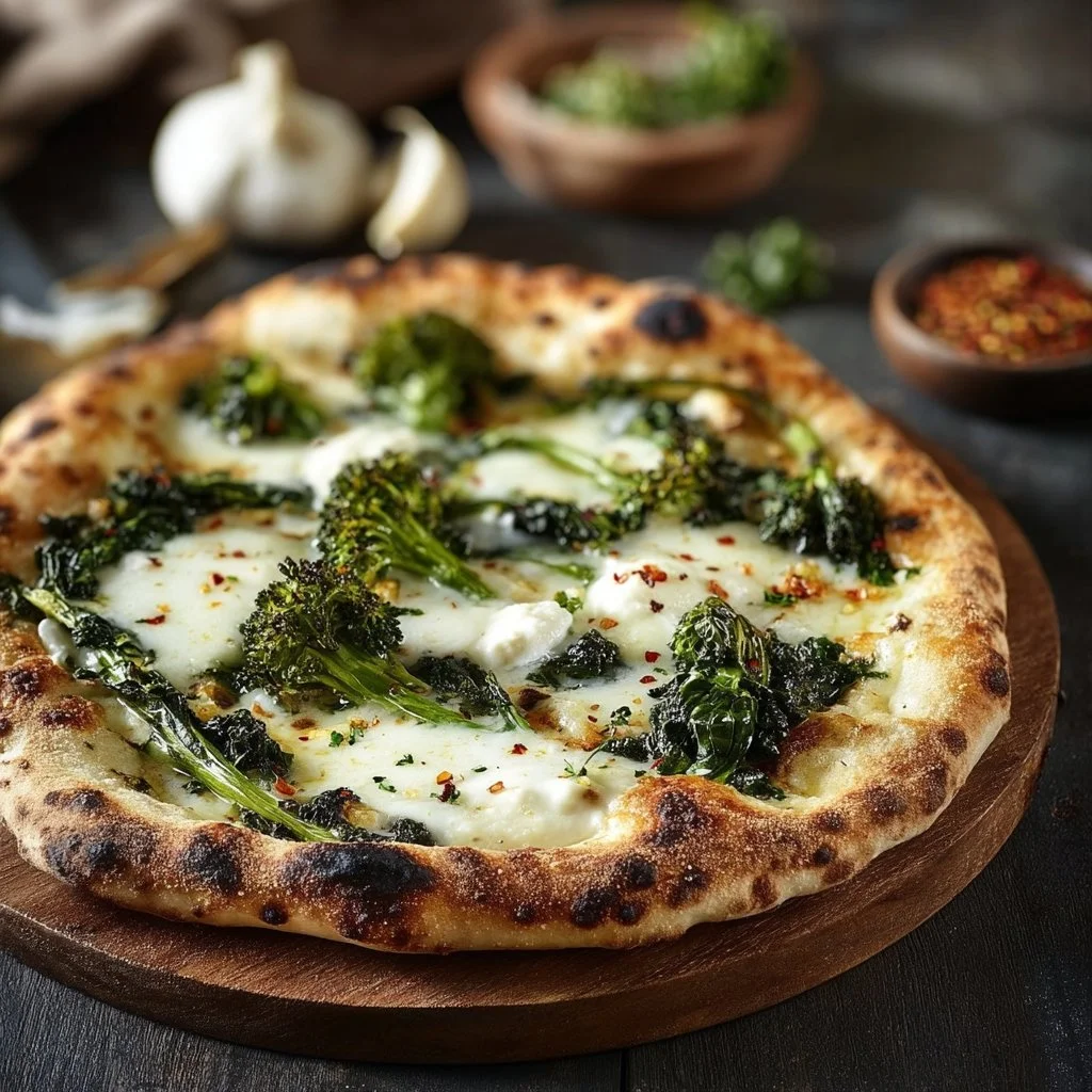 Vegetarian pizza topped with silverbeet and broccolini, showcasing vibrant greens
