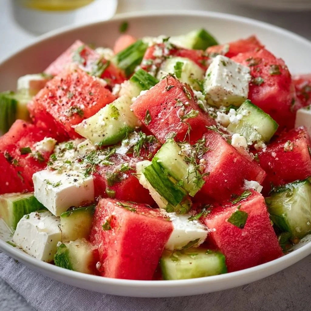 Delicious Watermelon Feta Cucumber Salad in a bowl with fresh ingredients.