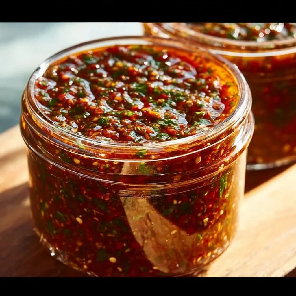 Zesty smoky red chimichurri sauce in a bowl with herbs and spices.