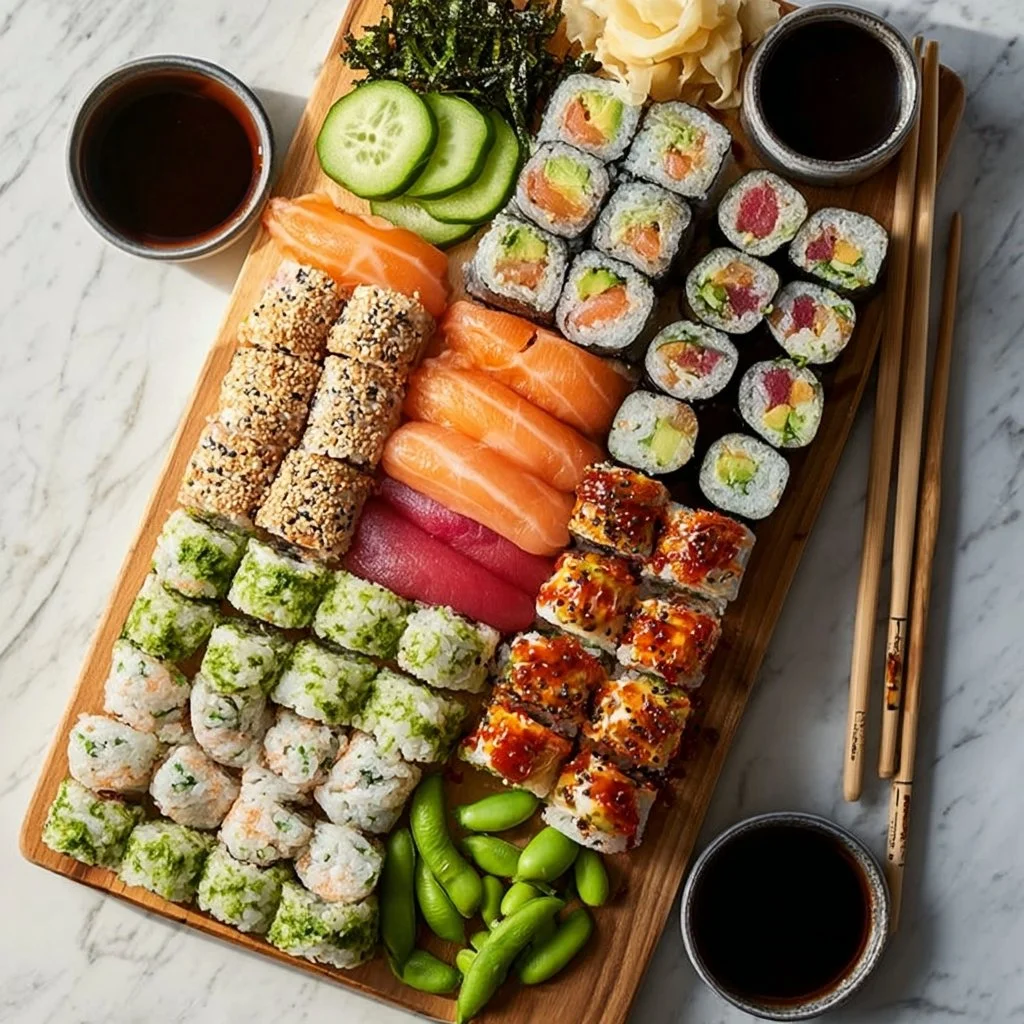 Creative charcuterie board featuring sushi and Japanese platters