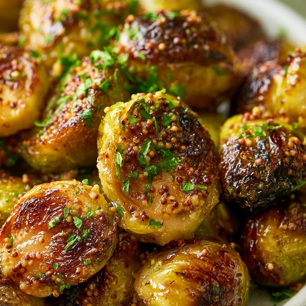Crispy Air Fryer Brussels sprouts with honey mustard vinaigrette on a plate