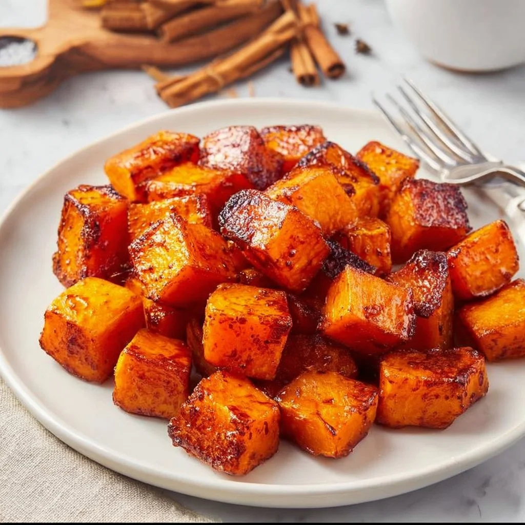 Air fryer butternut squash served in a bowl with herbs and spices