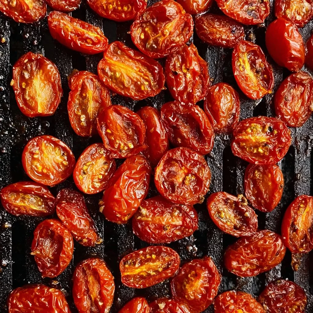 Air fryer roasted tomatoes served in a bowl, garnished with herbs.