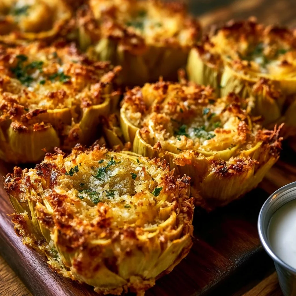 Plate of crispy, golden Artichoke Bites garnished with herbs.