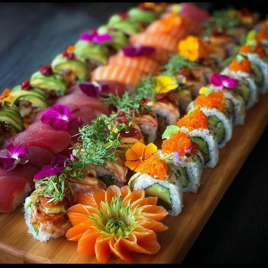 Vibrant sushi platter showcasing exquisite Japanese food at an Asian buffet party.