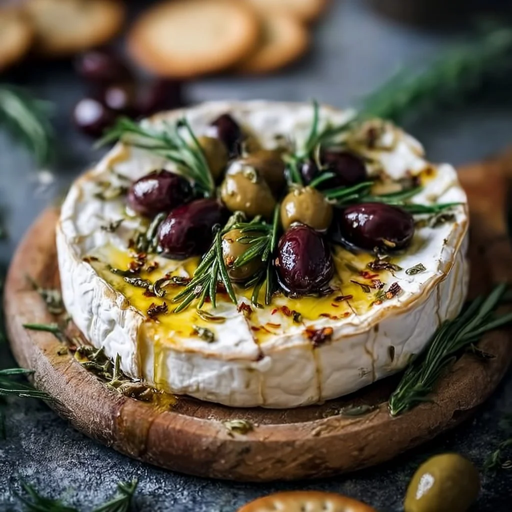 Baked Brie with herb-seasoned olives, served as an elegant appetizer.