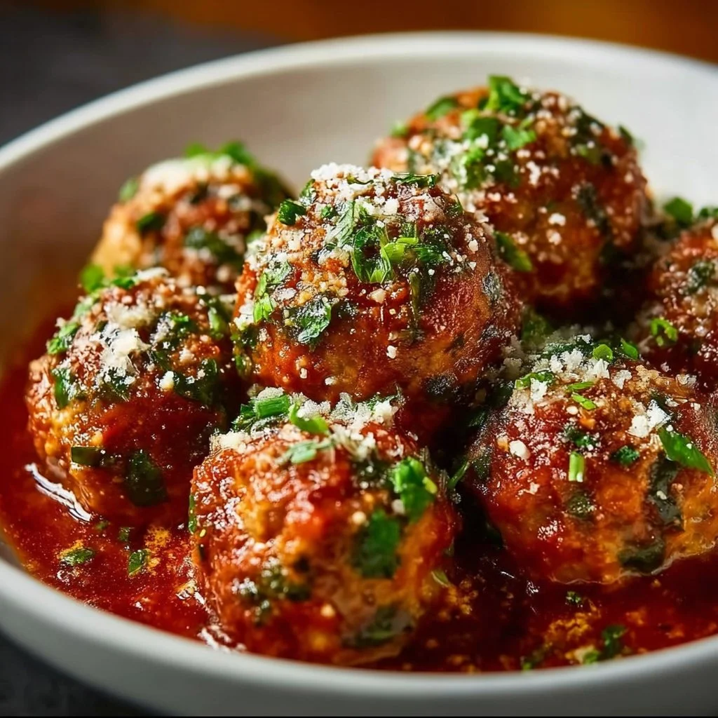 Baked chicken ricotta meatballs served with marinara sauce and herbs.