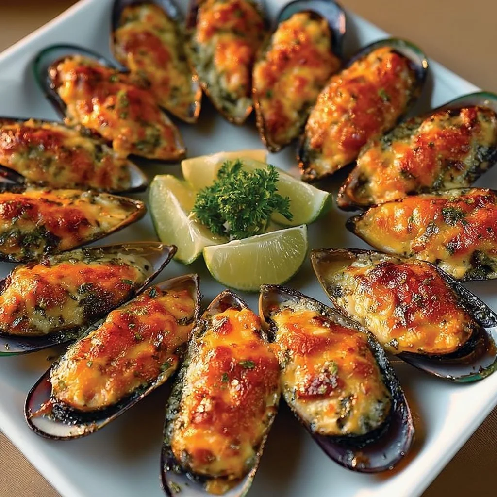 Baked mussels topped with cheese, served as an appetizing dish.
