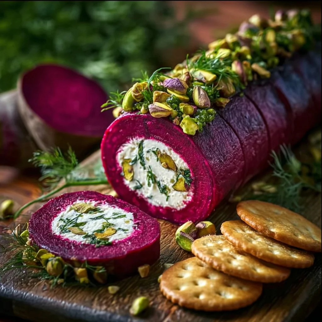 Beet and goat cheese log served with fresh herbs and crackers